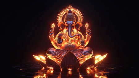 A striking illuminated statue of Lord Ganesha sits majestically on a lotus, radiating warmth and light, symbolizing wisdom and prosperity, ideal for artistic or spiritual themes.の素材