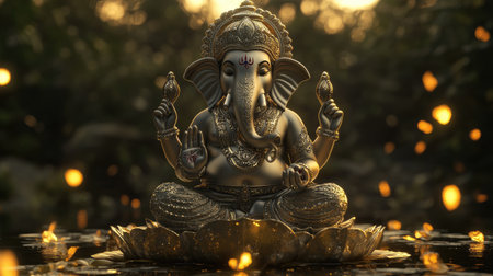 A captivating Ganesha statue rests amid floating lights on still water, embodying prosperity and wisdom, bringing a serene and tranquil atmosphere to any setting.の素材