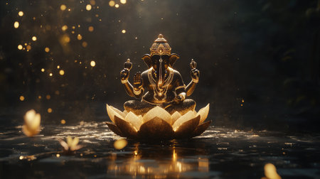 A mesmerizing depiction of a golden Ganesha statue resting on a lotus flower, surrounded by tranquil water and softly glowing lights, symbolizing prosperity and wisdom.の素材