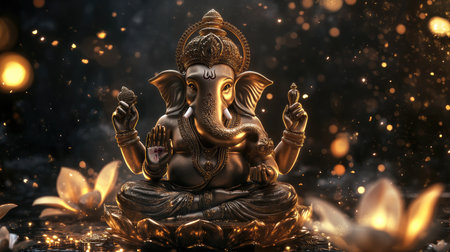 A beautifully crafted Ganesh statue is accentuated by soft glowing particles, lotus flowers, and a mystical background, evoking peace and reverence for spiritual practices.の素材