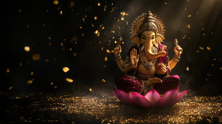 A stunning representation of Lord Ganesha seated gracefully on a lotus, surrounded by shimmering golden particles, capturing the essence of spirituality and divine tranquility.の素材