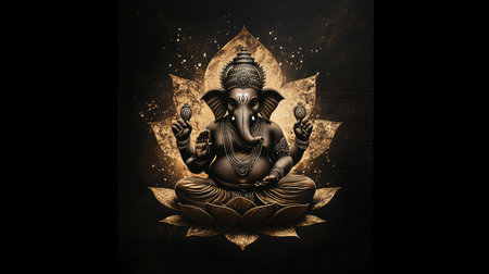 A stunning sculpture of Ganesha radiating serenity, adorned with gold accents and surrounded by beautiful patterns, perfect for evoking spirituality and tranquility in any space.の素材