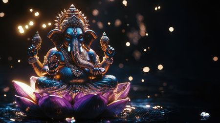 This stunning image features a detailed statue of Lord Ganesha on a lotus flower, radiating serenity and warmth with captivating light effects against a dark backdrop.の素材