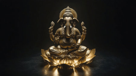 This stunning golden statue of Ganesh, the Hindu deity, is beautifully set on a lotus pedestal, radiating divine energy, perfect for inspiring peace and prosperity in any space.の素材