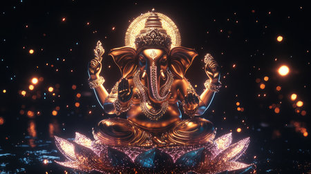 This stunning golden Ganesha statue radiates tranquility and wisdom, set against a backdrop of sparkling lights, symbolizing prosperity and spirituality.の素材
