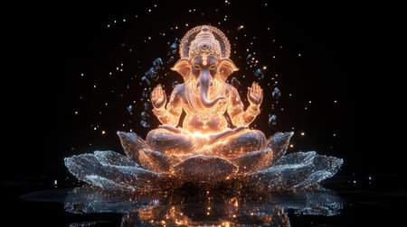 This stunning digital art piece showcases Lord Ganesha in a radiant pose, enhanced by an enchanting glow, seated gracefully on a lotus flower in a tranquil cosmic setting.の素材