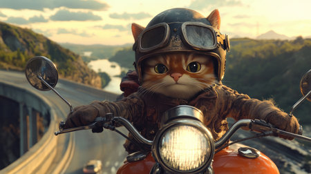 A whimsical cat dressed in vintage riding gear cruises on a motorcycle against a picturesque landscape and warm sunset, capturing the essence of adventure and fun.の素材