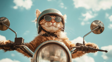 A whimsical image of a cat sporting sunglasses and a helmet while riding a motorcycle under a bright blue sky with fluffy clouds, evoking a sense of adventure and playfulness.の素材