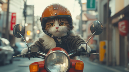 A charming cat wearing a vintage helmet rides a motorcycle through vibrant city streets, showcasing an adventurous spirit and playful personality that delights viewers of all ages.の素材