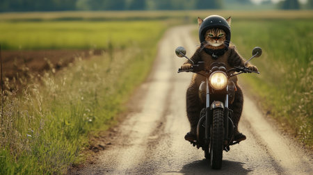 A playful cat in a helmet rides a motorcycle along a tranquil country road, capturing the charm of adventure in a beautifully lush landscape filled with greenery.の素材
