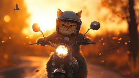 A whimsical scene featuring a cat wearing a helmet, riding a motorcycle during a vibrant sunset in autumn, capturing the spirit of adventure and joy.の素材