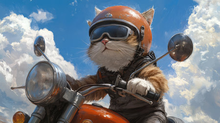 This imaginative image captures a playful cat wearing a helmet and sunglasses, riding a motorcycle against a backdrop of a vibrant blue sky and fluffy clouds, embodying fun and adventure.の素材