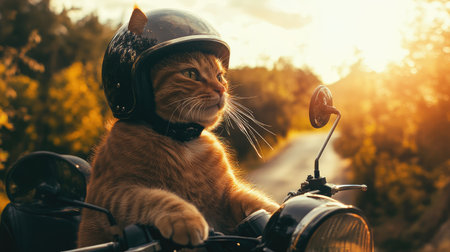 A playful orange cat rides confidently on a motorcycle, donning a protective helmet. The warm sunset backdrop enhances the adventurous spirit, perfect for animal lovers.の素材