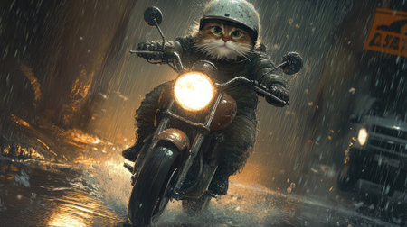 An imaginative scene featuring a cat in a helmet, cruising on a motorcycle through a rainy urban landscape, blending humor and adventure in a captivating moment.の素材