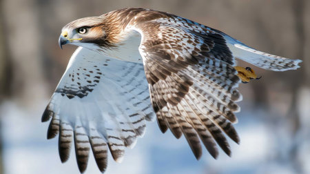 A breathtaking image of a hawk soaring through the sky, displaying its beautiful feathers and keen gaze, exemplifying the grace of wildlife in its natural habitat.の素材