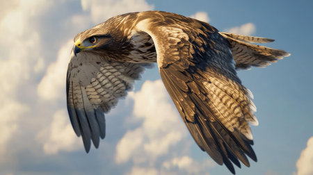 A breathtaking image of a hawk in flight against a beautiful blue sky with clouds, highlighting the bird's grace and power in its natural environment.の素材