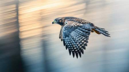 A stunning image of a hawk soaring gracefully through the air, showcasing intricate feather details and vibrant colors against a beautifully blurred background.の素材
