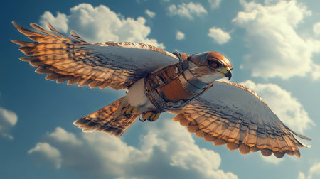 This captivating digital artwork showcases a steampunk-inspired mechanical hawk soaring through a picturesque sky, blending nature with imaginative technology in vibrant detail.の素材
