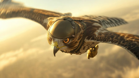 Witness the breathtaking sight of a hawk soaring through the sky, donned with a unique helmet, capturing the splendor of wildlife and the beauty of nature's majesty.の素材