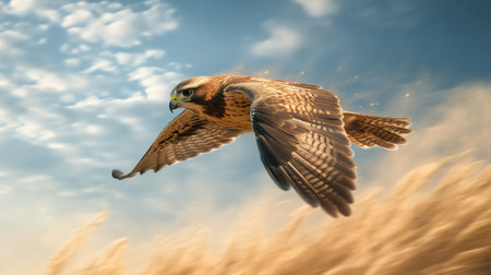 A stunning hawk in mid-flight illuminated by soft sunlight, gliding above a golden wheat field under a vast blue sky. Perfect representation of freedom in nature.の素材