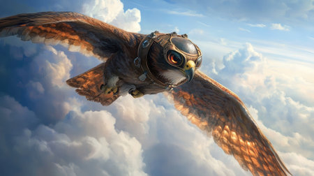 An awe-inspiring illustration of a steampunk-inspired owl majestically soaring through a vivid sky filled with fluffy clouds, capturing the essence of fantasy and adventure.の素材