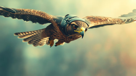 A stunning image of a hawk soaring majestically in the sky, equipped with protective gear, showcasing the beauty and power of wildlife in a natural environment.の素材
