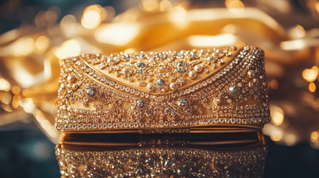 Captivating golden clutch featuring stunning beadwork and sparkling gems, ideal for evening events or special occasions, embodying luxury and fashionable elegance.の素材