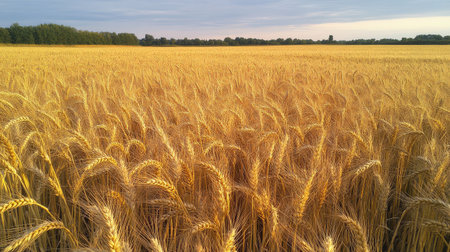 A picturesque golden wheat field stretches across the landscape, illuminated by soft light, showcasing the beauty of nature and agricultural abundance in a serene setting.の素材