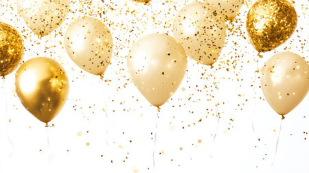 Festive golden balloons adorned with glitter and confetti create an enchanting atmosphere perfect for celebrations, parties, and special events, evoking joy and elegance.の素材