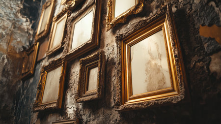 A collection of vintage empty frames adorns a weathered wall, evoking a sense of nostalgia and artistic charm. An ideal backdrop for various creative projects or concepts.の素材