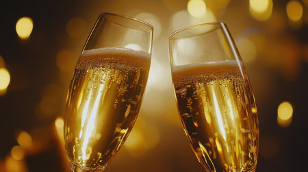 Two elegant champagne glasses clink together, creating a festive atmosphere filled with shimmering bubbles and golden lights, perfect for celebrations and joyful gatherings.の素材