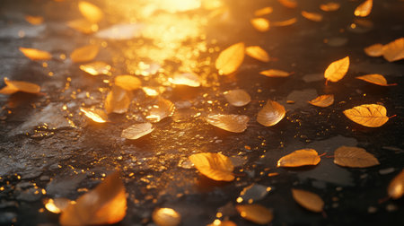 Stunning image of golden leaves scattered on a wet surface, illuminated by warm light, evoking a serene autumn atmosphere and showcasing nature's beauty in detail.の素材