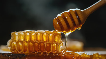 A captivating close-up captures honey dripping from a wooden dipper onto fresh honeycomb, showcasing the rich golden hues and natural texture of this sweet delight.の素材