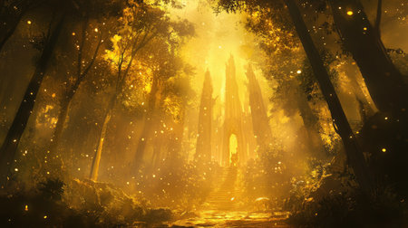 Enchanting forest scene with golden light illuminating ancient ruins, creating a magical atmosphere perfect for fantasy, adventure, and nature themes.の素材