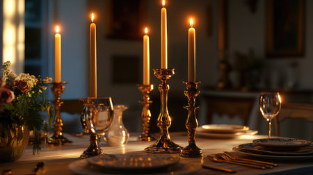 A beautifully arranged dinner table featuring elegant candles, fine tableware, and soft lighting creates a cozy and romantic atmosphere for evening gatherings. Perfect for special occasions.の素材