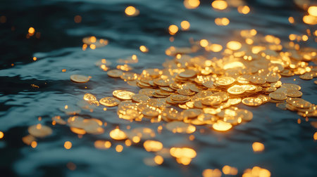 A captivating scene of gleaming gold coins softly floating on the water's surface, reflecting beautiful light and creating a serene, enchanting atmosphere perfect for financial themes.の素材