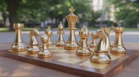 A stunning gold chess set displayed on a wooden board, set against a peaceful outdoor backdrop, symbolizing strategy and elegant leisure for enthusiasts and casual players alike.の素材