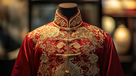 This stunning traditional red silk garment features intricate gold embroidery, highlighting the exquisite craftsmanship and cultural heritage behind classic clothing design.の素材