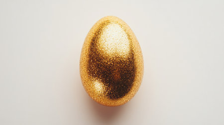 A stunning golden egg covered in glitter rests on a light background, representing luxury and celebration, ideal for festive themes and artistic projects.の素材