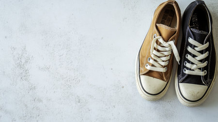 A captivating image of a pair of brown and black sneakers placed on a light textured surface, perfect for illustrating comfortable casual fashion choices and urban lifestyles.の素材