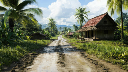 A picturesque dirt road winds through a tranquil rural landscape, flanked by traditional huts and lush tropical greenery under a bright blue sky.の素材