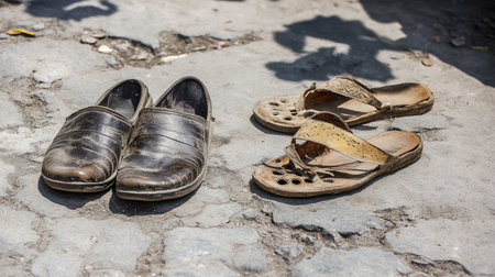 A close-up of a pair of worn shoes and sandals placed on a cracked concrete surface, capturing the essence of abandonment and everyday life struggles in an urban setting.の素材