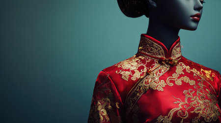 This stunning image features an elegant traditional Chinese dress displayed on a mannequin, showcasing intricate gold embroidery against a rich red background, highlighting cultural beauty and fashion intricacies.の素材