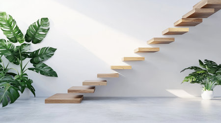 A stylish modern staircase with light wooden steps surrounded by lush green plants, creating a serene and elegant atmosphere in contemporary interior spaces.の素材