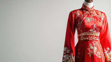 This image features a stunning red traditional dress on a mannequin, highlighting intricate embroidery and beautiful craftsmanship against a minimalist backdrop.の素材