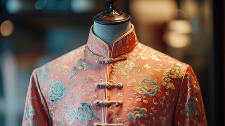 Charming and detailed traditional silk robe in soft pink, adorned with exquisite embroidery, showcased elegantly on a mannequin in a warm, inviting setting.の素材