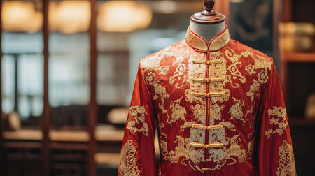 A beautifully crafted traditional red Chinese attire displayed elegantly, featuring exquisite gold embroidery that highlights its rich cultural significance and artistry.の素材