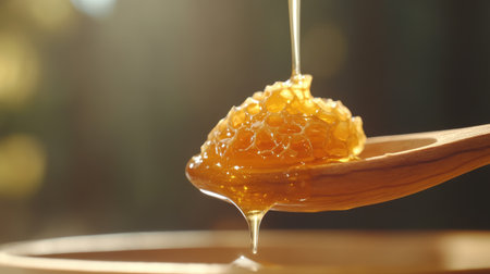 A close-up view of honey drizzling from a wooden spoon, capturing the warm tones and rich texture, ideal for food lovers, wellness enthusiasts, and organic product promotions.の素材