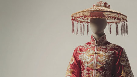 Eye-catching representation of traditional Chinese attire featuring a striking red garment with intricate embroidery and a decorative hat, embodying cultural significance and artistry.の素材