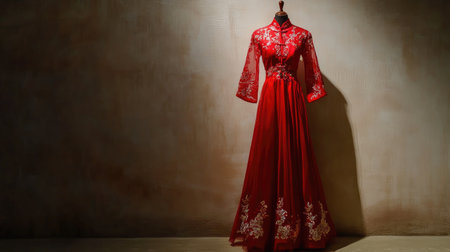 A stunning red dress displayed on a mannequin, featuring intricate embroidery and a flowing silhouette, illuminated by soft lighting against a textured wall background.の素材